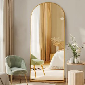 Arched Full Length Floor Mirror, Full Body Mirror with Stand, Shatterproof Tempered Glass-Gold